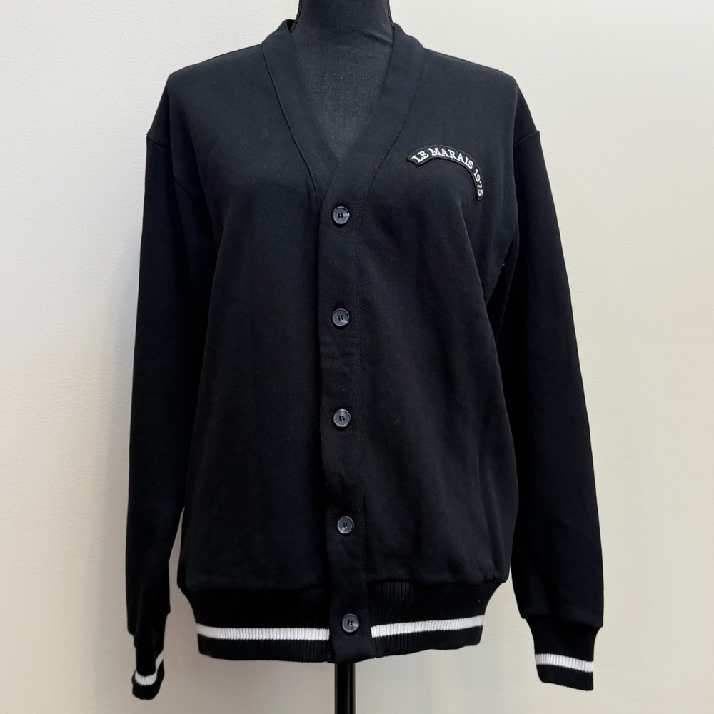 NWT Zara Men’s S Black‎ Button Up Sweater Jacket Varsity Cardigan Le Marais 1975